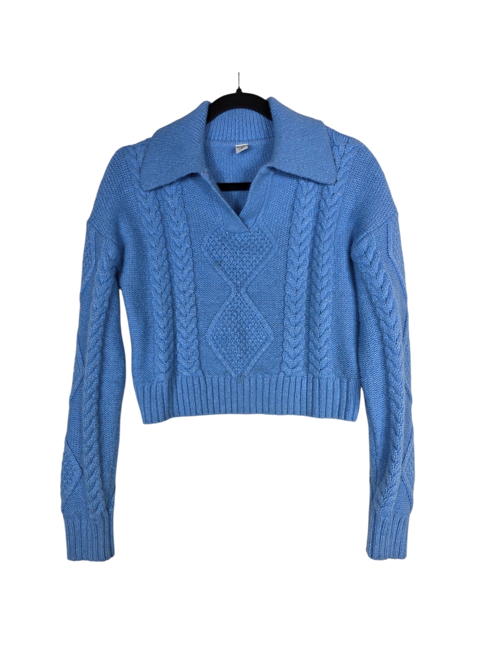 twik Wool blend Sky Blue Cropped Cable-Knit V-Neck Sweater with Collar